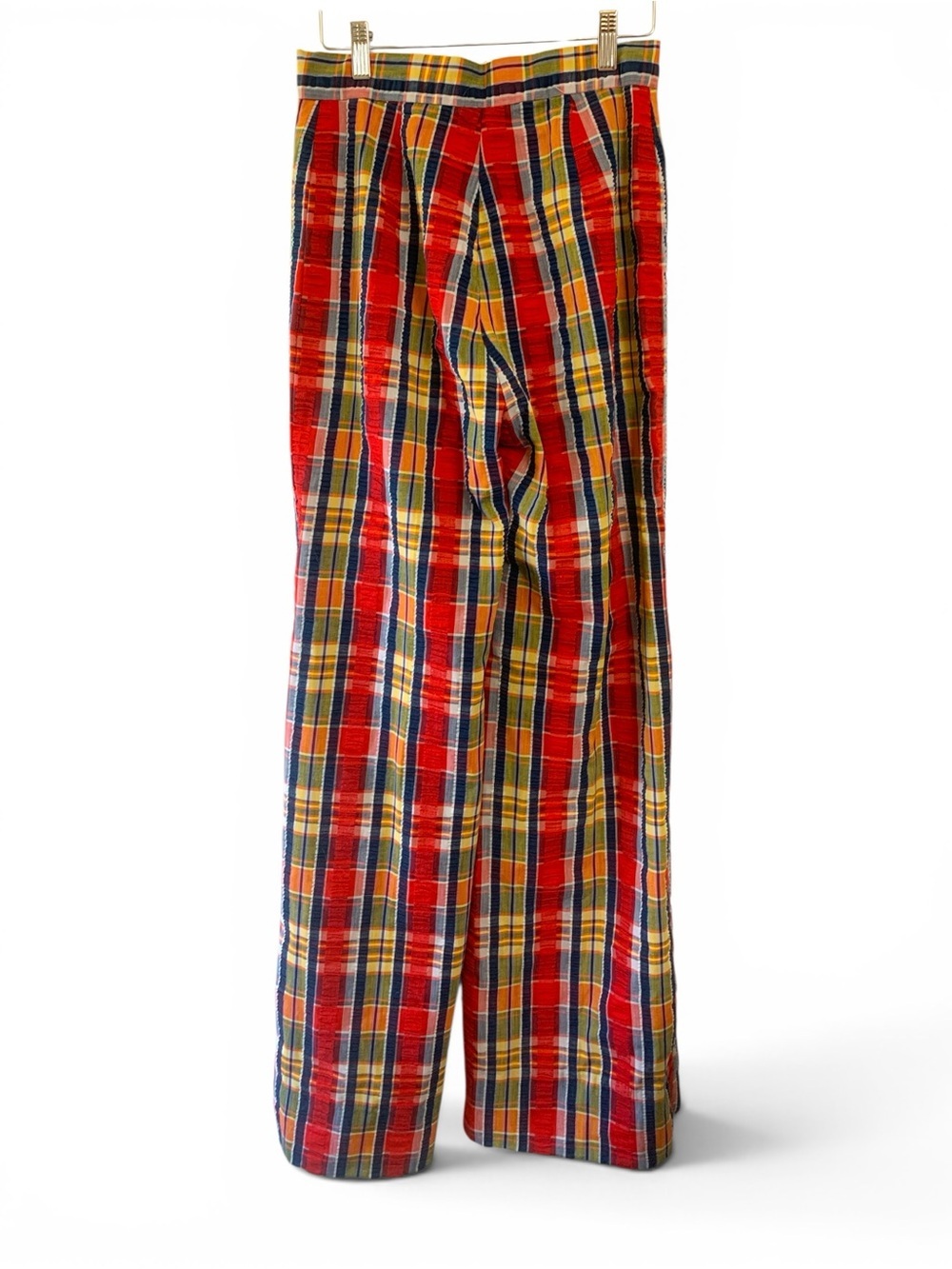 Vintage Seersucker Red Yellow Plaid Wide-Leg Trousers, Rare, Unique, Quality